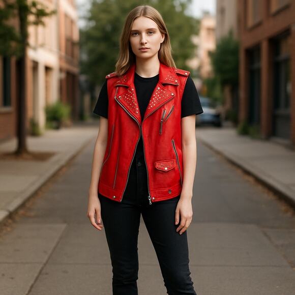 Red Studded Moto Vest Sleeveless Biker Jacket Punk Rocker Style - Picture 2 of 9